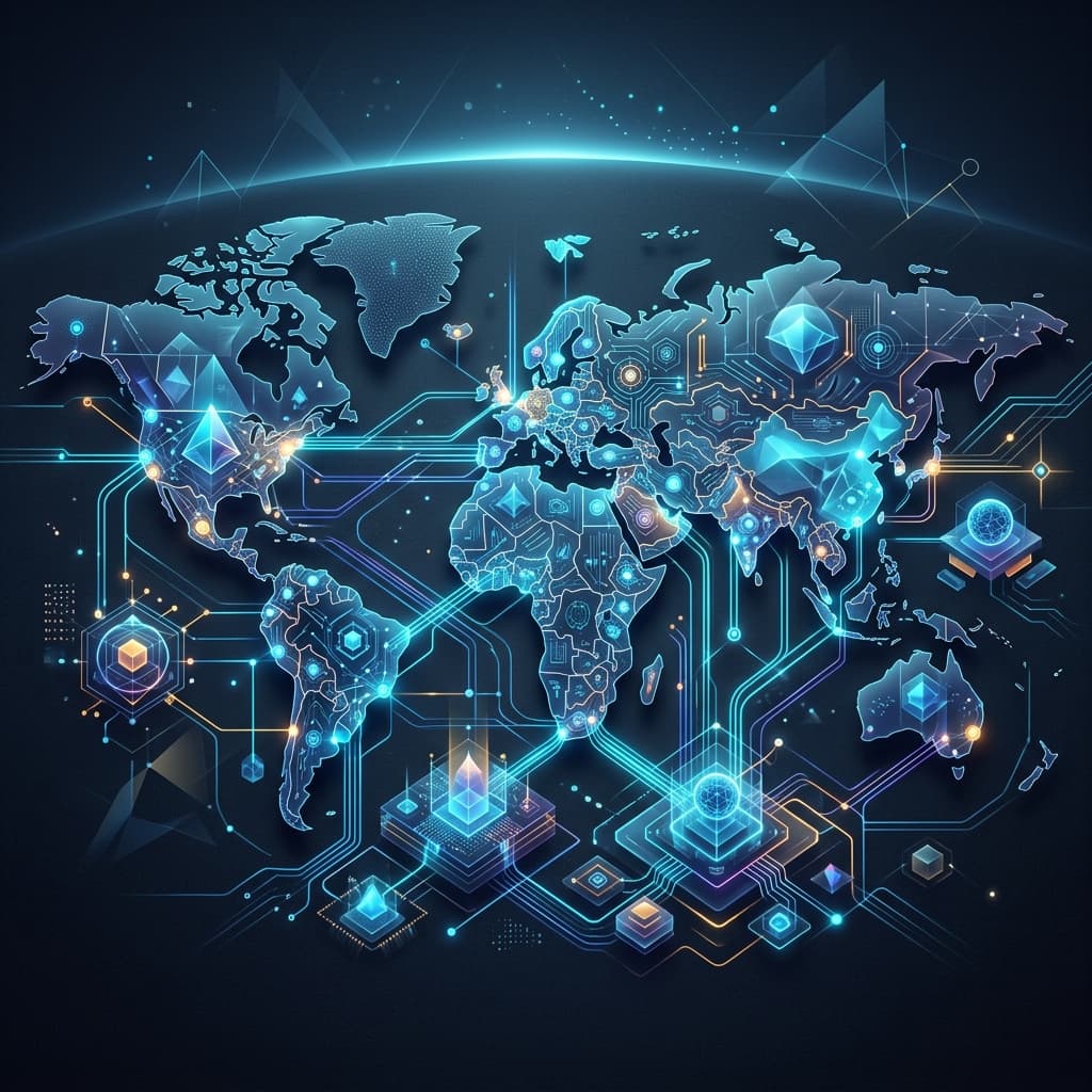 半導体製造装置メーカーの世界シェアとエコシステムをイメージした未来的サイバーデザイン