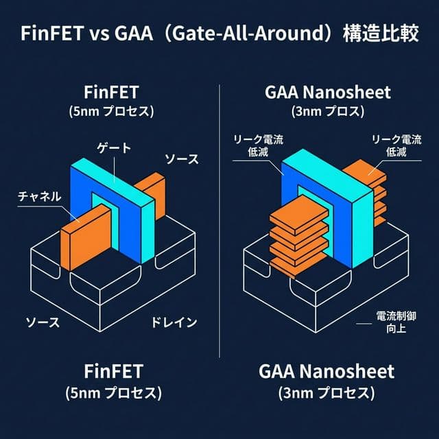 FinFET vs GAA（Gate-All-Around）トランジスタ構造比較図